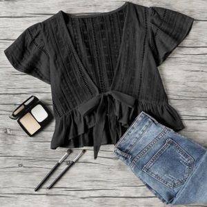Dark gray tie front blouse